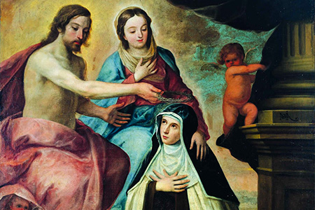 Pedro de Moya, Visi&oacute;n de Santa Mar&iacute;a Magdalena de Pazzis, &oacute;leo sobre lienzo (209 x 169 cm.)