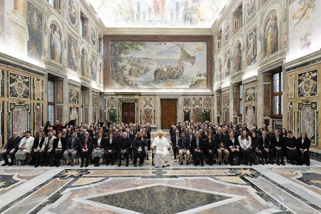 Pope Francis meets with journalists accredited to the Holy See Press Office.